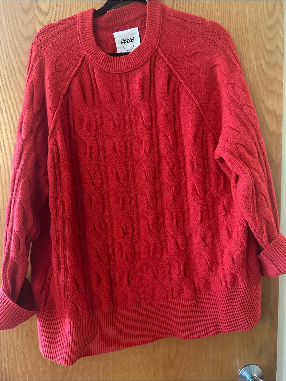 aerie Red Cable Knit Crewneck Sweater